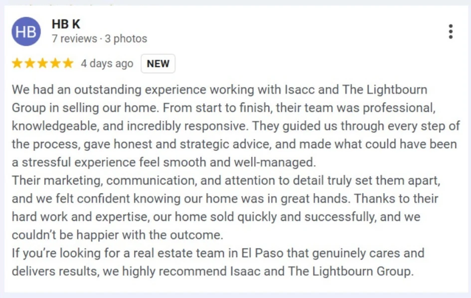Four-star Google review from HB K about selling a home with Isacc and The Lightbourn Group.